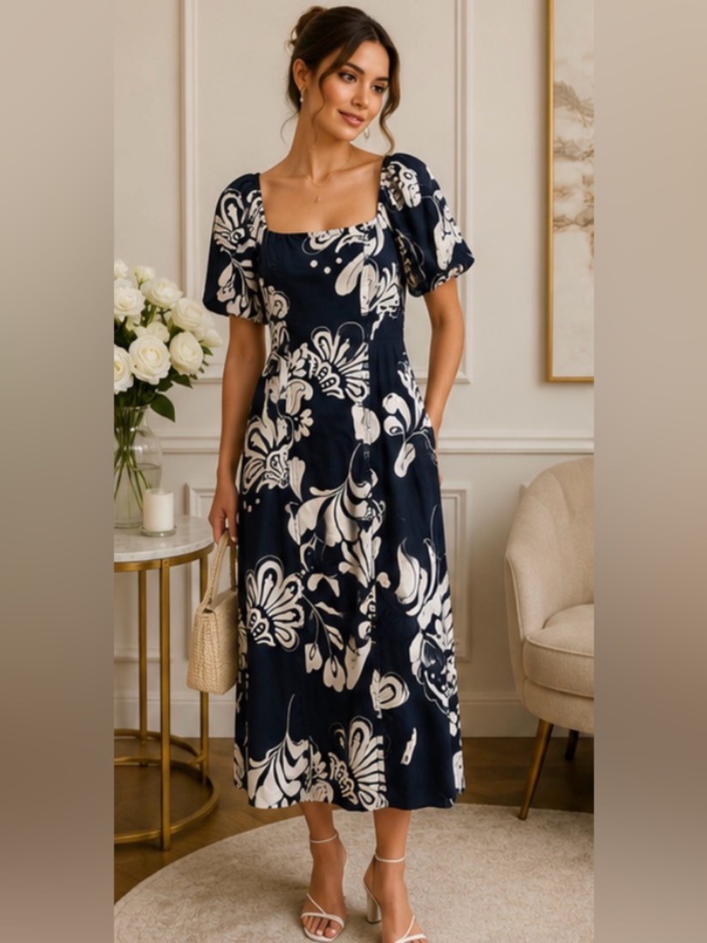 Ann Taylor Navy & Ivory Floral Puff Sleeve Midi Dress – Petite 0P